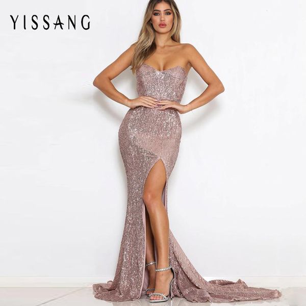 

yissang elegant maxi long dresses women 2018 high split sequins dress backless bodycon floor length dress party ladies vestidos, Black;gray