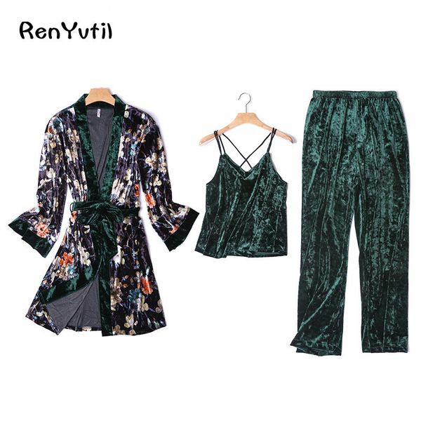 

three-piece women autumn winter fashion pajamas sets gold velvet pyjama set lace ladies sleepwear pijamas suit, Blue;gray