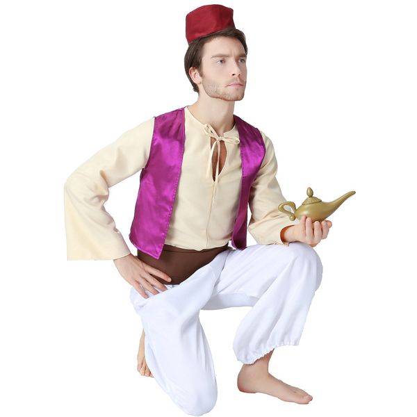 

men aladdin magic lamp prince aladdin costumes purple vest white pants classic prom dress halloween party costume for men, Black;red