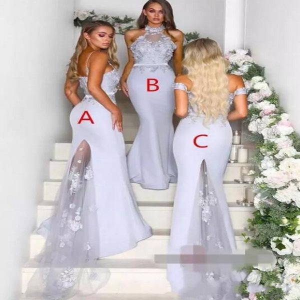 

lilac mermaid long bridesmaid dresses 2020 mixed neckline halter spaghetti straps off shoulder lace maid of honor gowns wedding party wear, White;pink