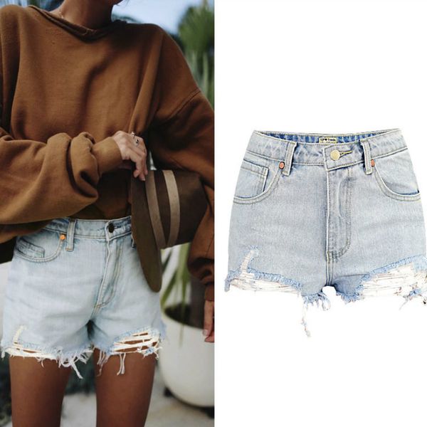

2018 high waist slim denim shorts women fashion high street straight jeans shorts monkey wash tassel hole pantaloncini donna, White;black