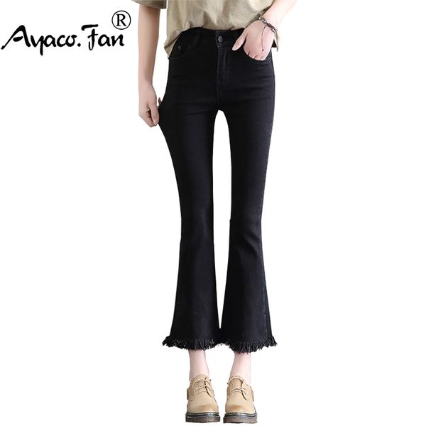 

2018 new slim flare pants vintage high waist women jeans solid trousers ankle-length pants lady tassel loose cowboy flares, Blue