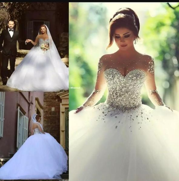 Crystal Arabic Ball Gown Wedding Dresses 2019 Sheer Jewel Neck