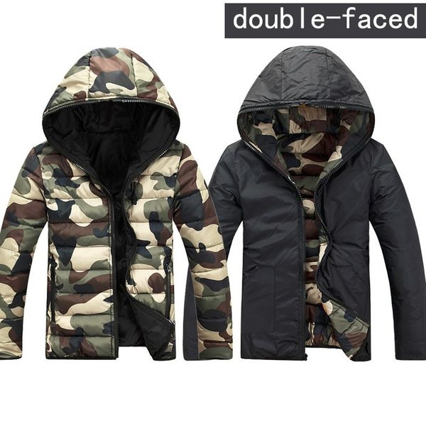 Atacado-mens camuflagem jaquetas inverno hoodies reversíveis Dupla face roupas finas jaquetas com capuz casacos de casacos verdes / vermelhos / azuis 3xl