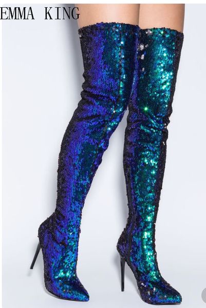 

autumn winter fashion blue bling boots pointed toe ladies high heel boots zipper side female knight style size 43, Black