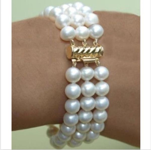 

very charming natural 3 row 8-9mm south sea white pearl bracelet 7.5-8" 14k, Black
