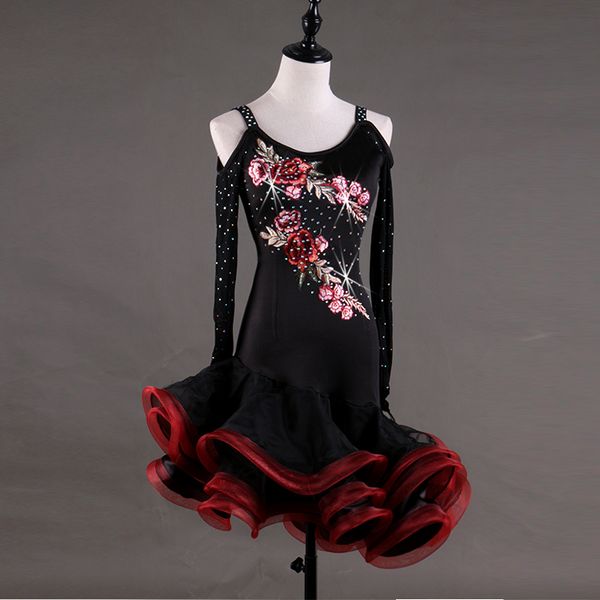 

new style black print ballroom waltz dress rumba standard social dress ballroom dance competition modern dance dresses, Black;red