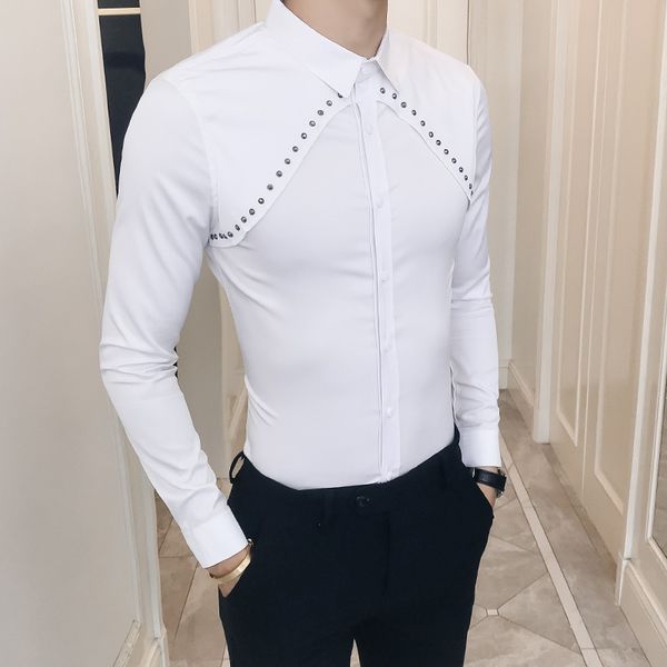 

fashion rivets design men shirt autumn new 2018 solid slim fit tuxedo shirts long sleeve korean dress shirt male black/white 3xl, White;black