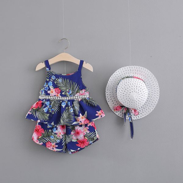 

New girs Kids clothing Flower Leaf print girl's set causal summer girl Sleeveless Suspender shirt+ short kids clothing hat sets