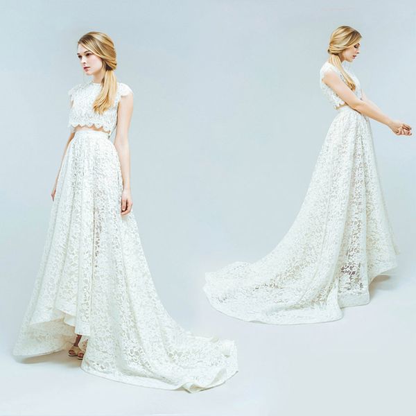 

two piece lace beach wedding dress jewel cap sleeve high low wedding dresses vestido de noiva, White