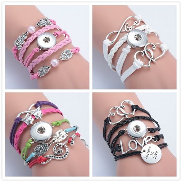 

12styles infinity heart owl cross snap button bracelet fit 18mm snap buttons jewelry multilayer snap pu leather statement bracelets, Golden;silver