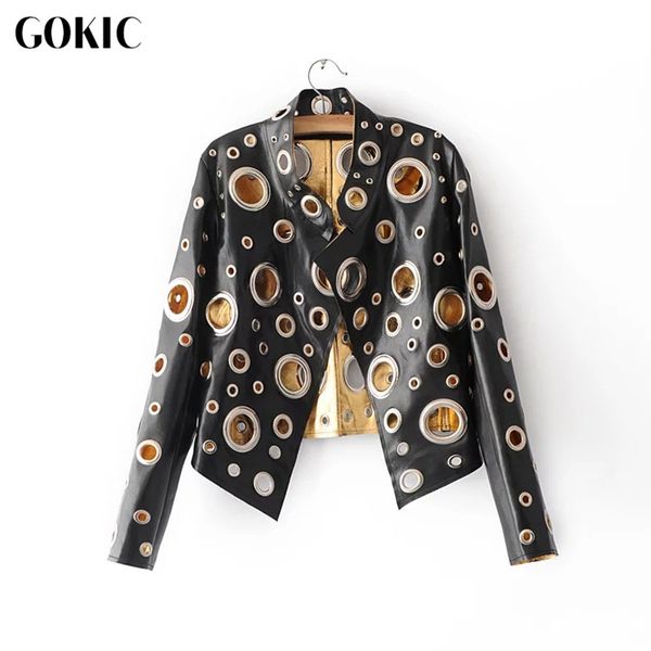 

gokic 2017 autumn new black pu leather coat jacket women eyelet moto jacket female fashion basic winter outwear coat