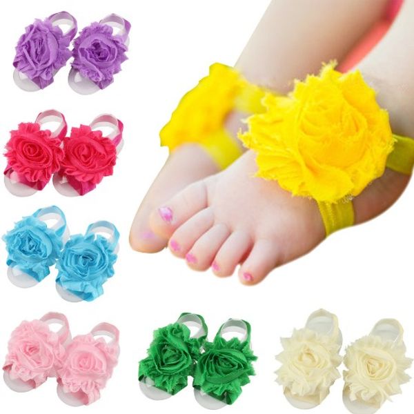 

New Arrival kids Flower Sandals baby Barefoot Sandals Baby girl Foot Flower Wristband Folds Chiffon Flower baby girl shoes KFA02