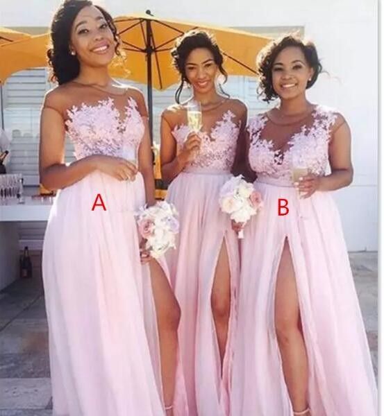 

pink chiffon high split bridesmaid dresses 2018 sheer neck lace appliques long wedding guest formal party gowns floor length women dress, White;pink