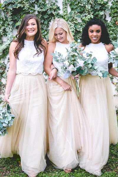 

two piece bridesmaid dresses jewel neck lace appliques sleeveless long prom evening party dresses bridesmaids dresses, White;pink