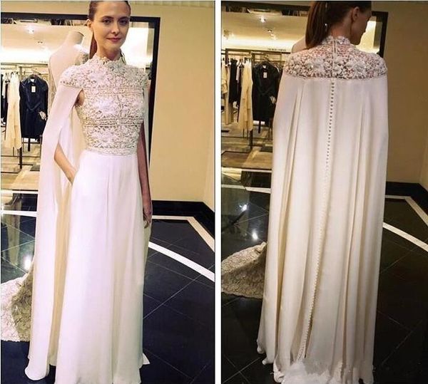 Arabische Zuhair Murad Elegante Abendkleider mit Umhang, Stehkragen, Spitzen-Abschlussballkleider, bodenlang, Übergröße, besonderes Ocn-Kleid