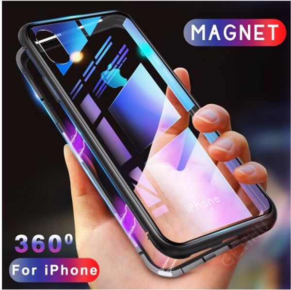 Flip case magnética adsorção para iphone x 8 plus 7 6 6 s vidro temperado tampa traseira de luxo pára choques de metal para iphone 7 8 case