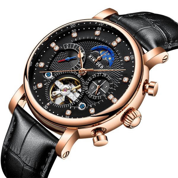 

kinyued brand new watch swiss automatic fashion leather insert diamond star men's hollowed mechanical watch, Slivery;brown