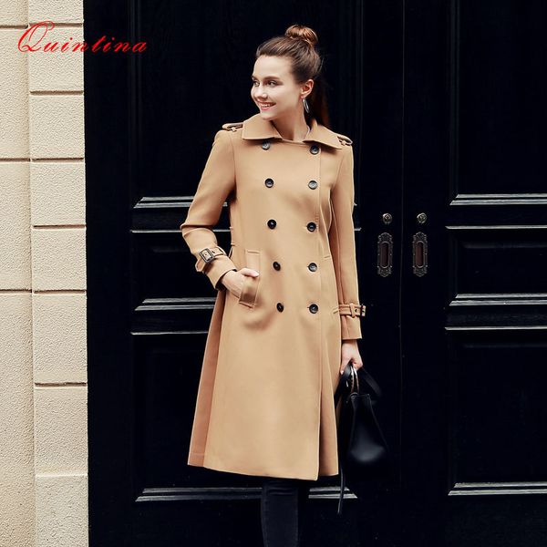 

wholesale- qunitina 2017 new fashion trench coat for women slim long style double breasted full sleeve autumn trench coat women, Tan;black