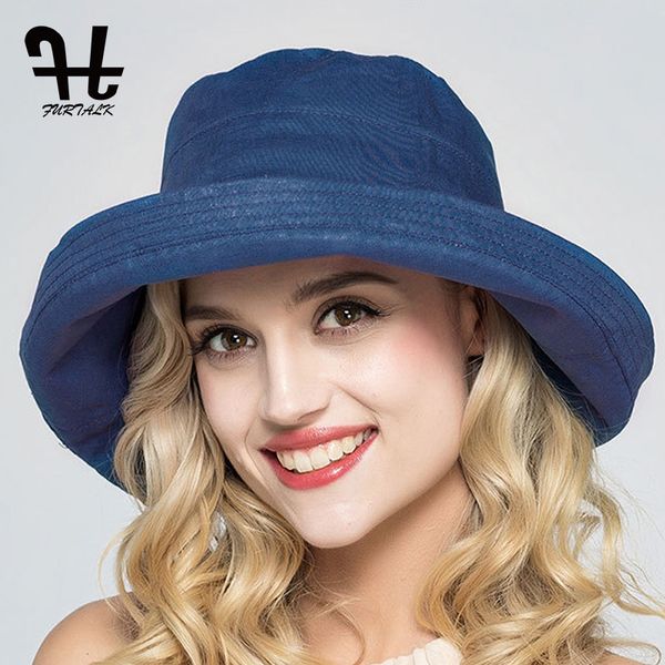

furtalk women bucket hat for fishing beach cotton summer sun hats for women fashion design foldable brimmed with big bowknot, Blue;gray
