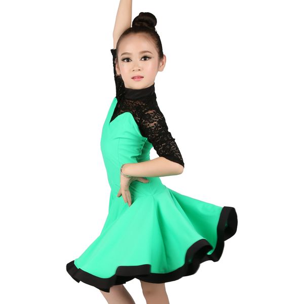 

new half lace sleeve latin dance dress girls children kids rumba chacha samba cowboy ballroom dance dress, Black;red