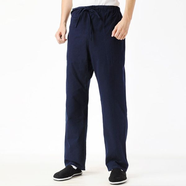 

chinese men's navy blue loose pants vintage style tai chi maletrousers cotton linen elastic waist pant m-4xl, Black