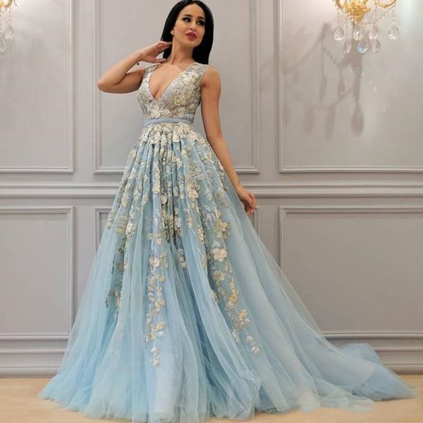 

blue sky fluffy a-line prom dress deep v-neck floral applique sleeveless party gowns fashion saudi arabia sweep train evening dresses, Black