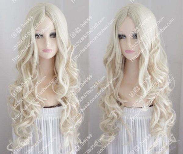 2017 New Wig Platinum Blonde Wavy Curly Hair Center Part Bang