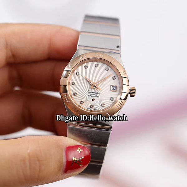 

27mm new co-axial date 123.20.27.20.55.001white diamond dial automatic womens watch sapphire two tone rose gold band lady watches, Slivery;brown