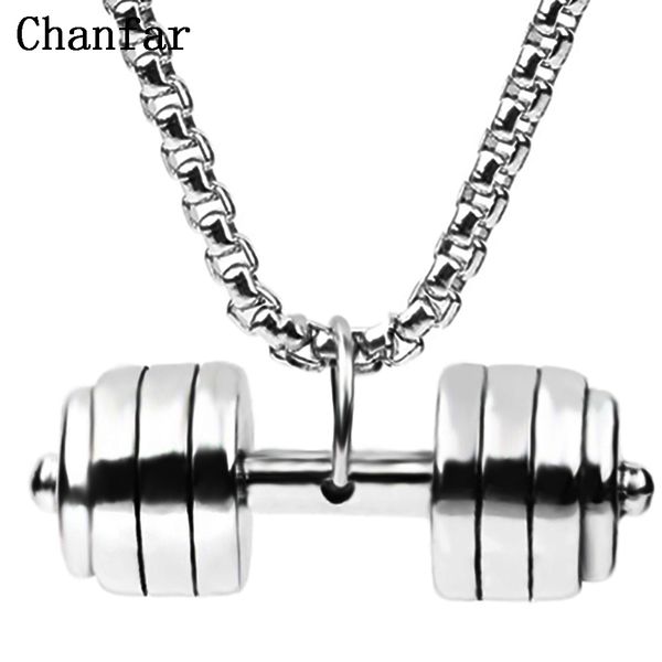 

chanfar mens jewelry dumbbell necklace charm long chain barbell stainless steel pendant necklaces hip hop jewelry, Silver
