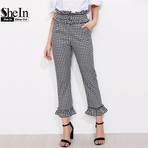 Großhandel SheIn Sommerhose Für Damen Schwarz Weiß Karierte Hose Mit Hoher Taille Und Eleganter Gerader Hose Mit Gingham Rüschenbesatz Von Mallten, Großhandel SheIn Sommerhose Für Damen Schwarz Weiß Karierte Hose Mit Hoher Taille Und Eleganter Gerader Hose Mit Gingham Rüschenbesatz Von Mallten,