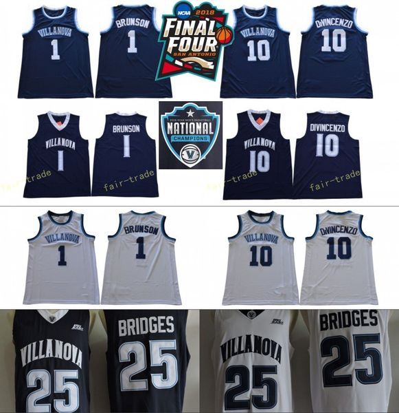 

NCAA Basketball Final Four Villanova Wildcats Jersey 1 Jalen Brunson 10 Donte DiVincenzo 25 Mikal Bridges White Navy Champions RVM Patch Men