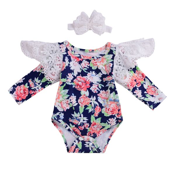 

2pcs newborn infant baby girls flower lace long sleeve romper jumpsuit+headband flying sleeves cotton casual autumn clothes, Blue