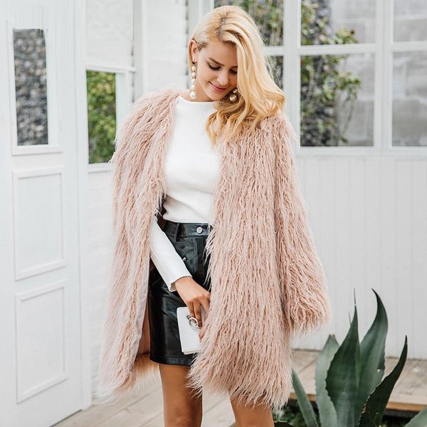 

fluffy long faux fur coat womens winter fake fur streetwear pink coat female fashion colored coats outerwear 2018, Black