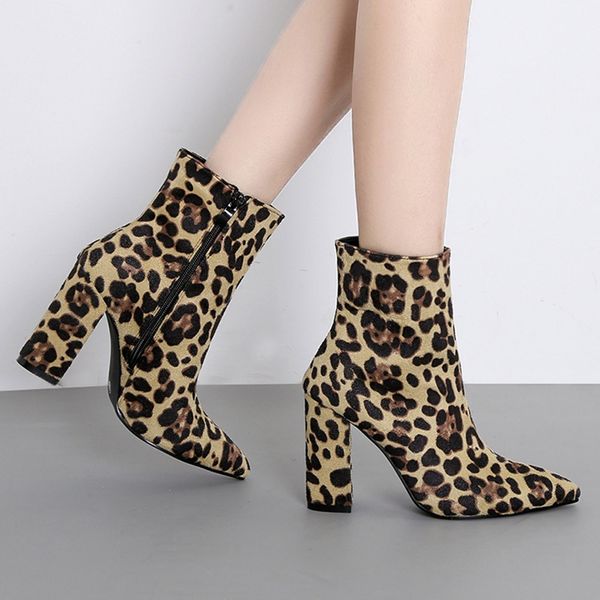 

muqgew women's ankle boots new leopard toe zip thick pointed boots shoes high shoes bottines femme 2018 nouveau, Black