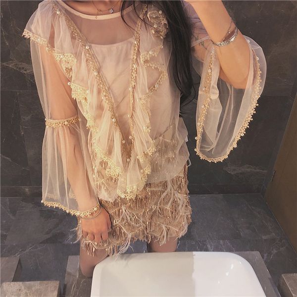 

rugod 2018 new arrival spring women see-through beading lace blouses women o neck flare sleeve flounce ruffle blusas, White