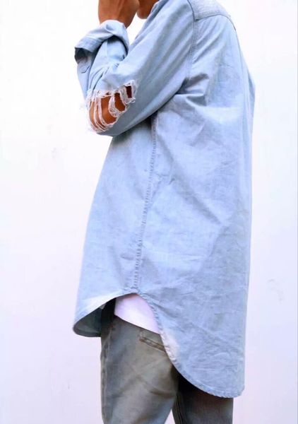 

mens denim blue shirts ripped holes design single breasted long hem curved casual loose shirts, White;black