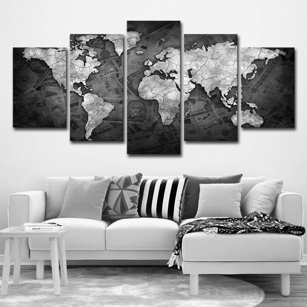 Acheter Toile Hd Imprime Affiche Pour Salon Mur Art Photos 5 Pièces Rétro Carte Du Monde Noir Et Blanc Peinture Décor à La Maison De 1641 Du