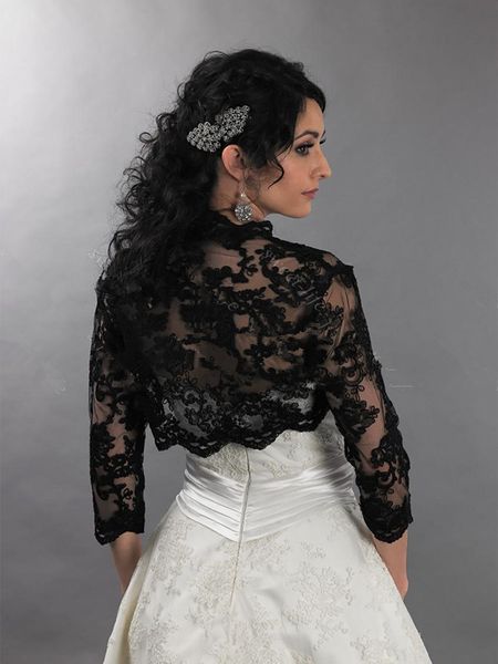 Elegante giacca da sposa Bolero da sposa nera con coprispalle avvolgente Coprispalle economico a maniche lunghe davanti aperto in pizzo con applicazioni trasparenti per la sposa C256A