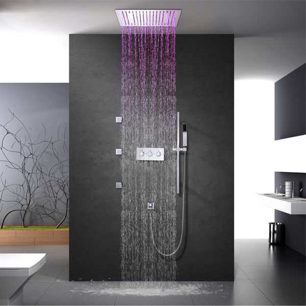 

led ceiling 16 inch thermostatic shower faucet rainfall bathroom shower head spa multiple functions shower diverter brass