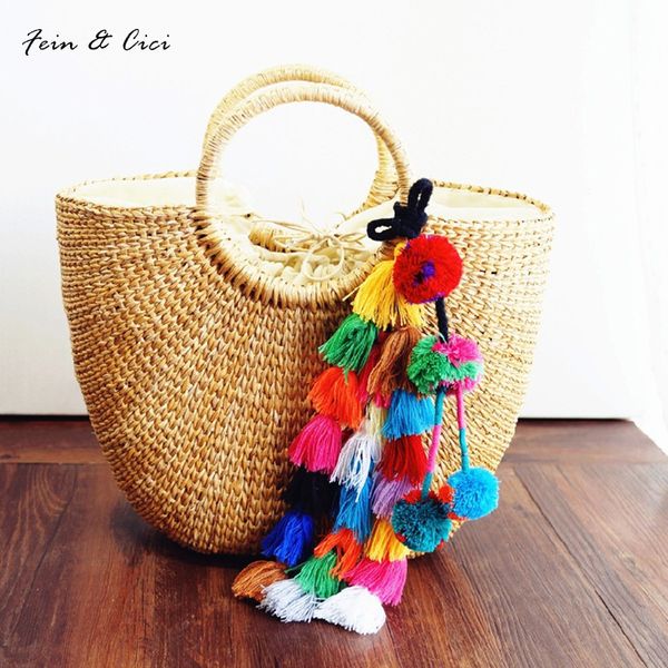 

beach bag straw totes bag bucket summer bags with tassels women handbag braided 2017 new tassel rattan