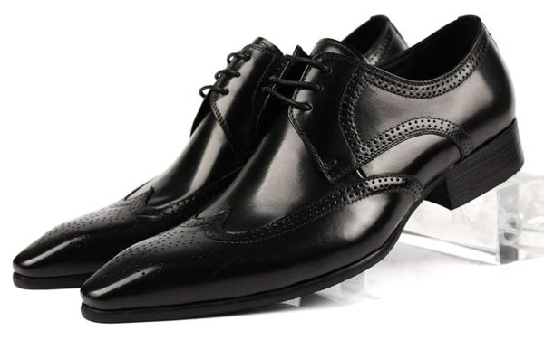 Grande Tamanho EUR45 Preto / Marrom Tan Ponthed Toe Oxfords Sapatos de Negócios Genuíno Sapatos de Casamento de Couro Mens Sapato de Vestido