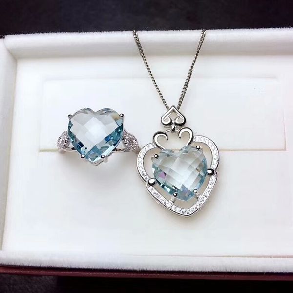 

meibapj 925 pure silver jewelry set natural sky blue crystal gemstone necklace and ring fine party jewelry for women, Black