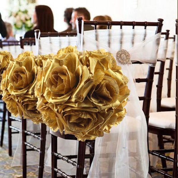

ourwarm 10pcs 14cm wedding flowers ball gold silk rose kiss ball for wedding decoration centerpieces festive party supplies
