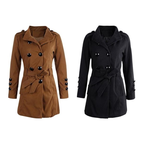 

long sleeve winter woolen coats women pockets slim fit parkas plus size trench, Tan;black
