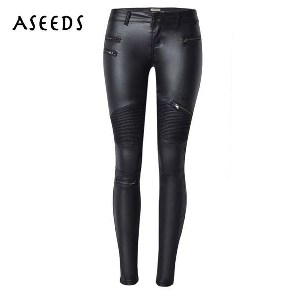 

wholesale-2017 winter women pu leather black pants zipper stretch bodycon pleated patchwork punk rock women pencil long pants, Black;white