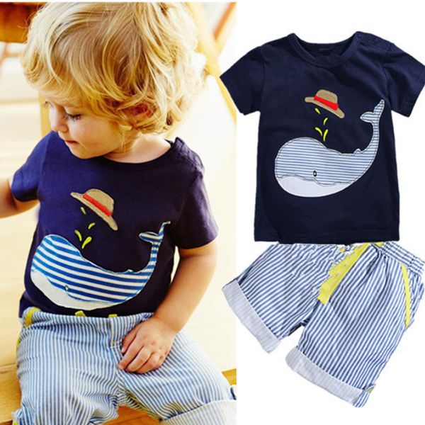 

new children's clothing boys summer whale t-shirt + striped shorts sports suit brand children boy baby kids outfits, White