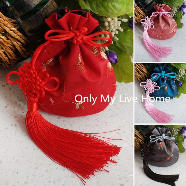 

chinese knot tassel small bags for gift jewelry pouch embroidery fruit satin cloth bags drawstring craft bag sachet 11x13cm 2pcs/lot, Pink;blue