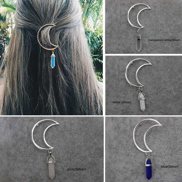 

2018 women alloy moon hair clip natural stone pendant charms clamp hairpin barrettes bobby pins hair ornament decoration accessory, Golden;silver
