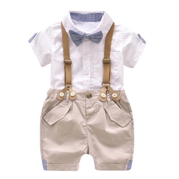 

2018 kids baby boys summer gentleman bowtie short sleeve shirt+suspenders shorts set turn-down collar #zer, White